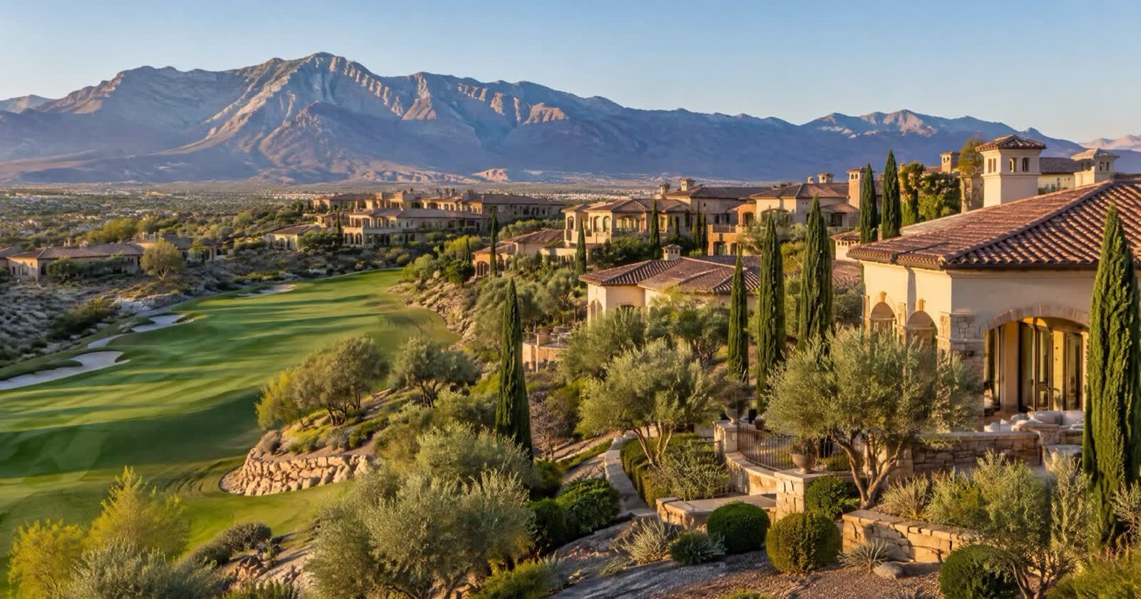 Illustration of hillside desert homes above a golf fairway, with mountains to the west.