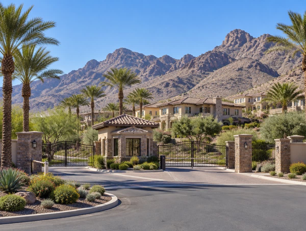 Illustration of a guard gate at a desert neighborhood entry, with homes and mountains behind it.