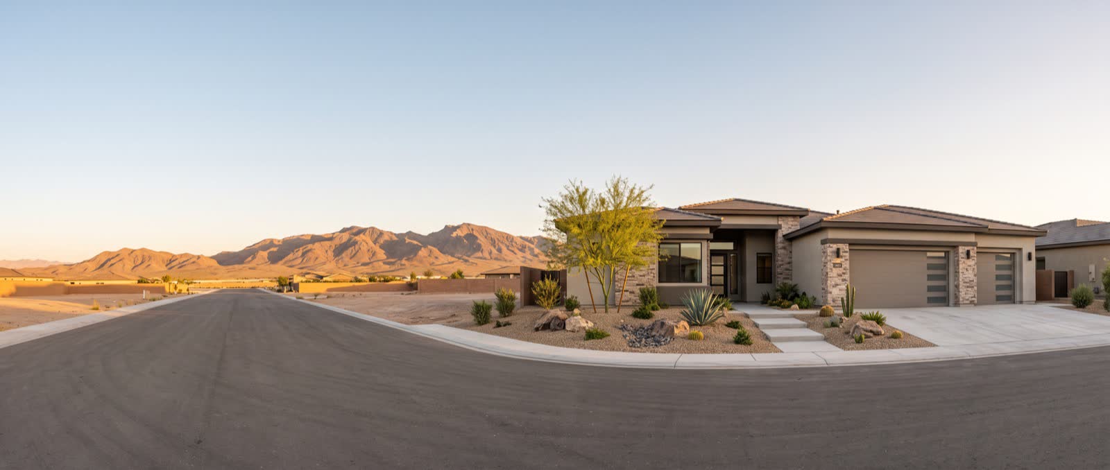 Illustration of a single-story desert home with mountains behind it.