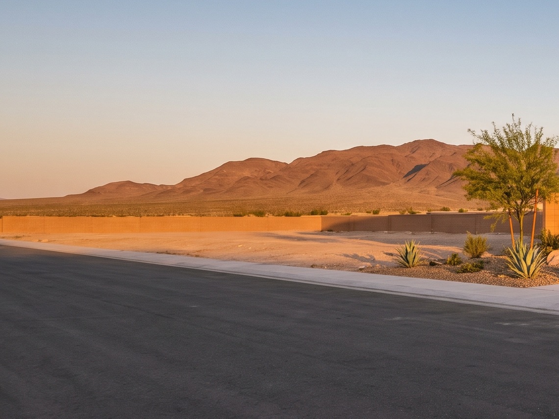 Illustration of desert mountains in late-day light beyond a block wall.