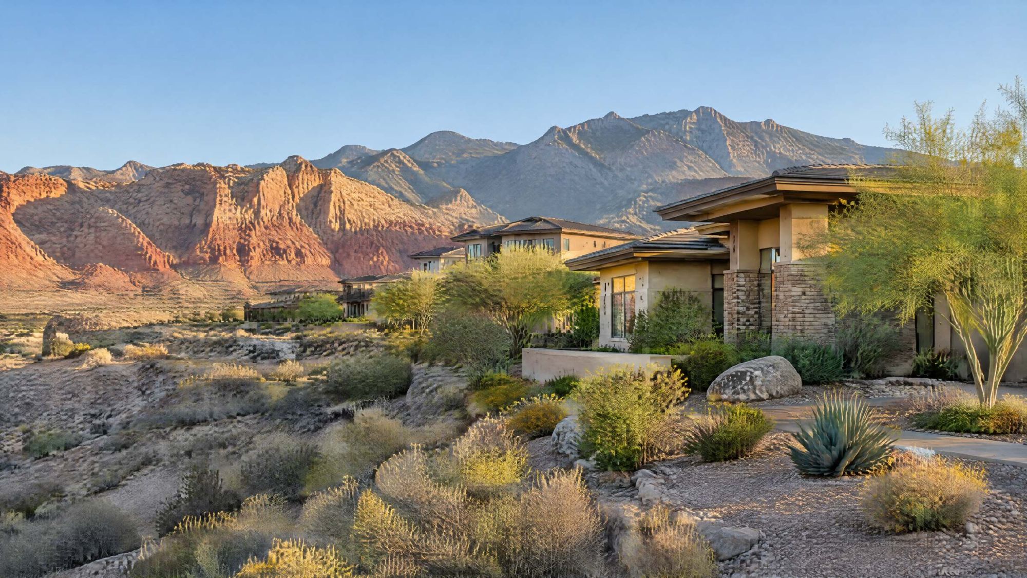 Illustration of newer desert homes on high ground with red rock cliffs to the west.