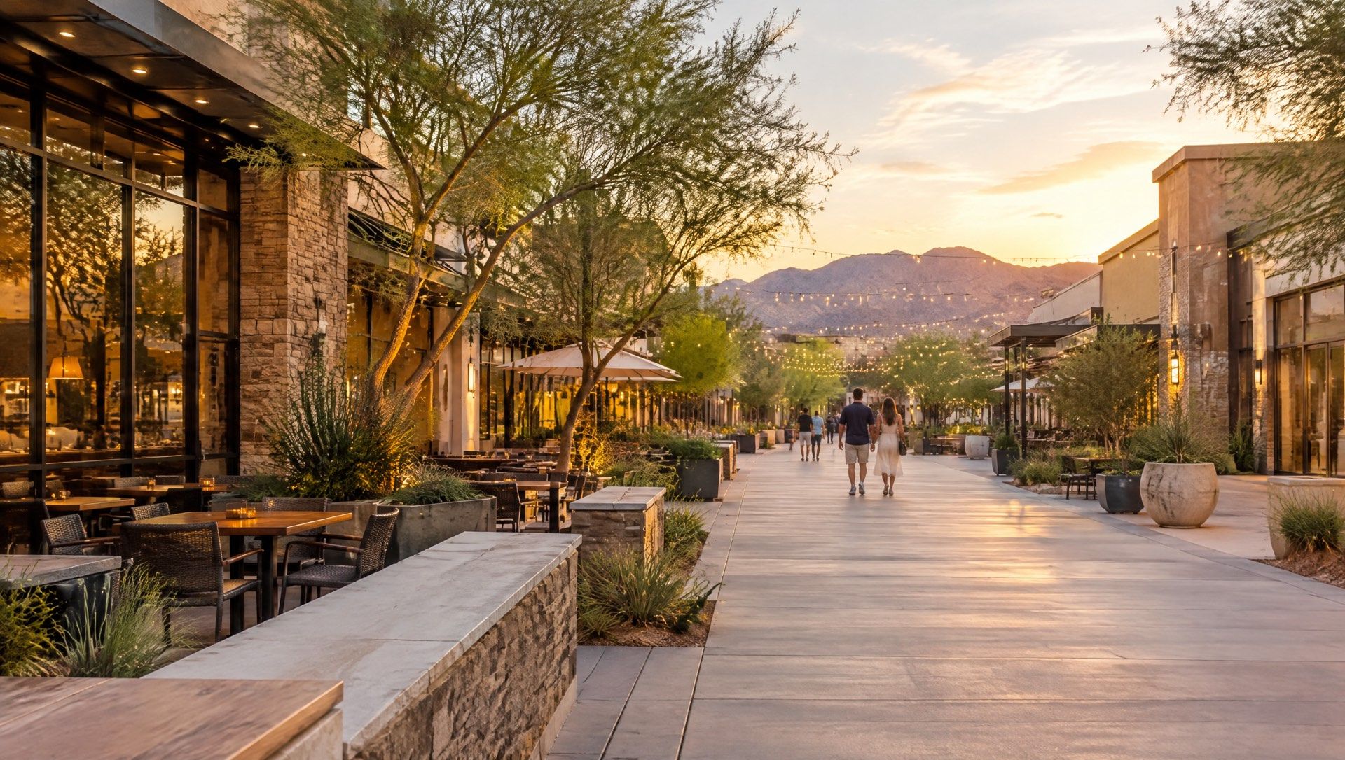 Illustration of an open-air desert shopping street with cafe tables at golden hour.