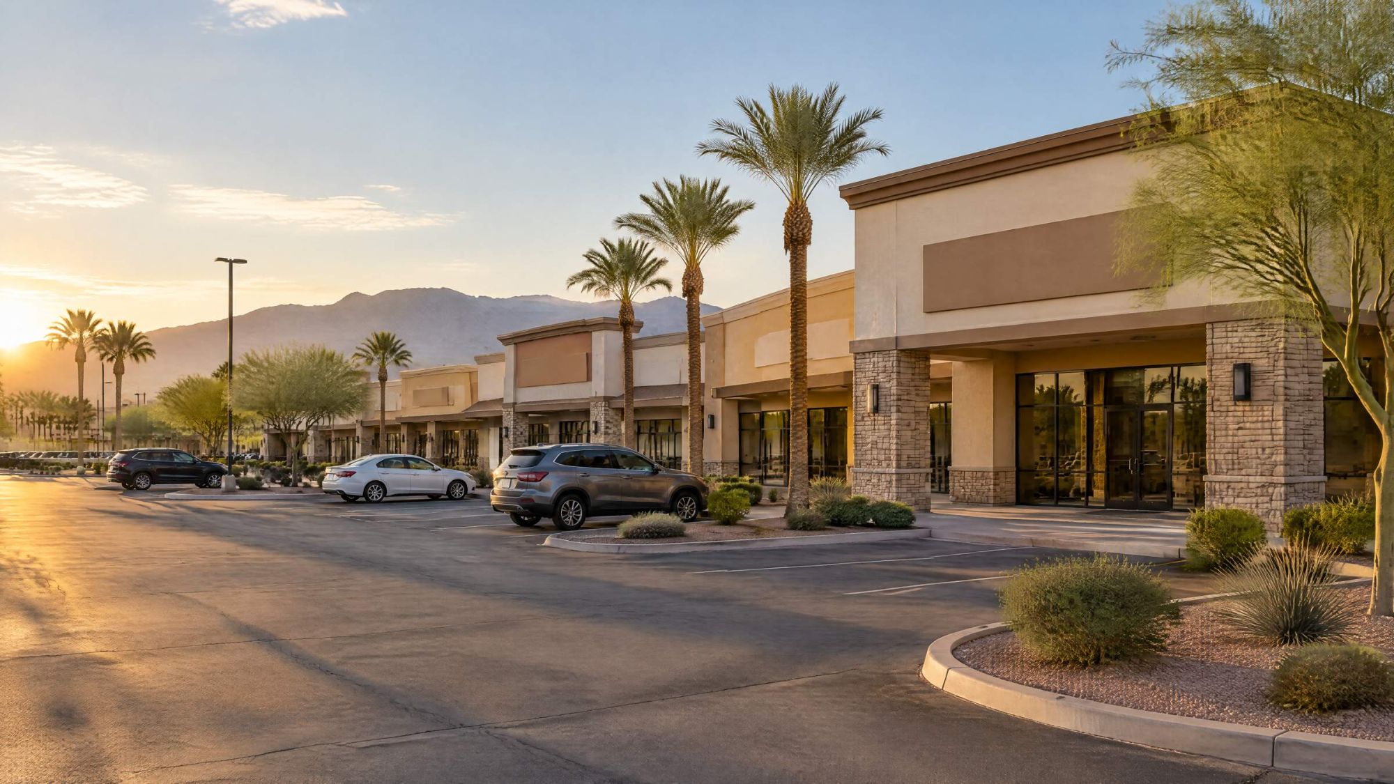 Illustration of a desert shopping plaza at golden hour.