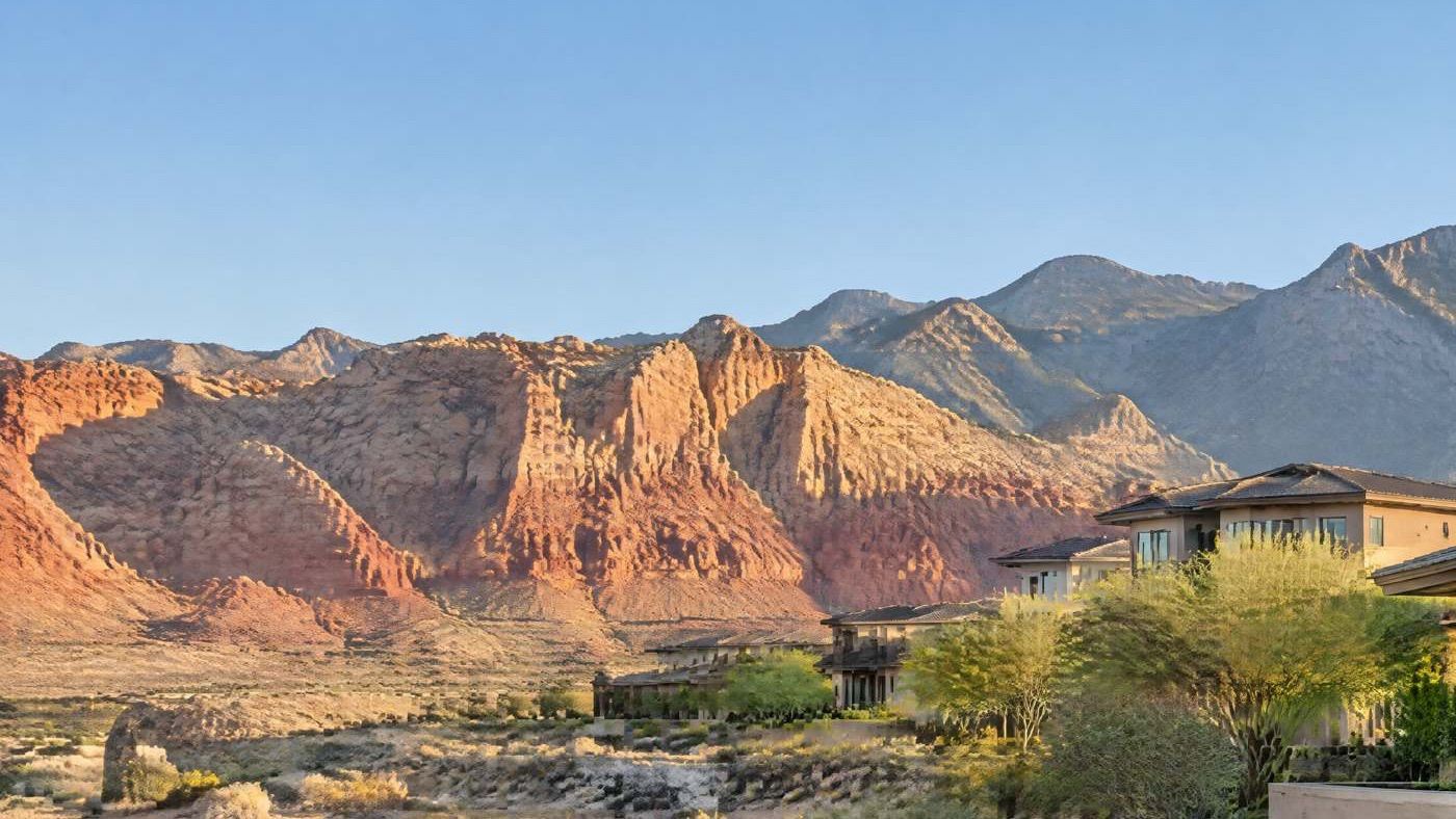 Illustration of red rock cliffs above open desert and newer homes.
