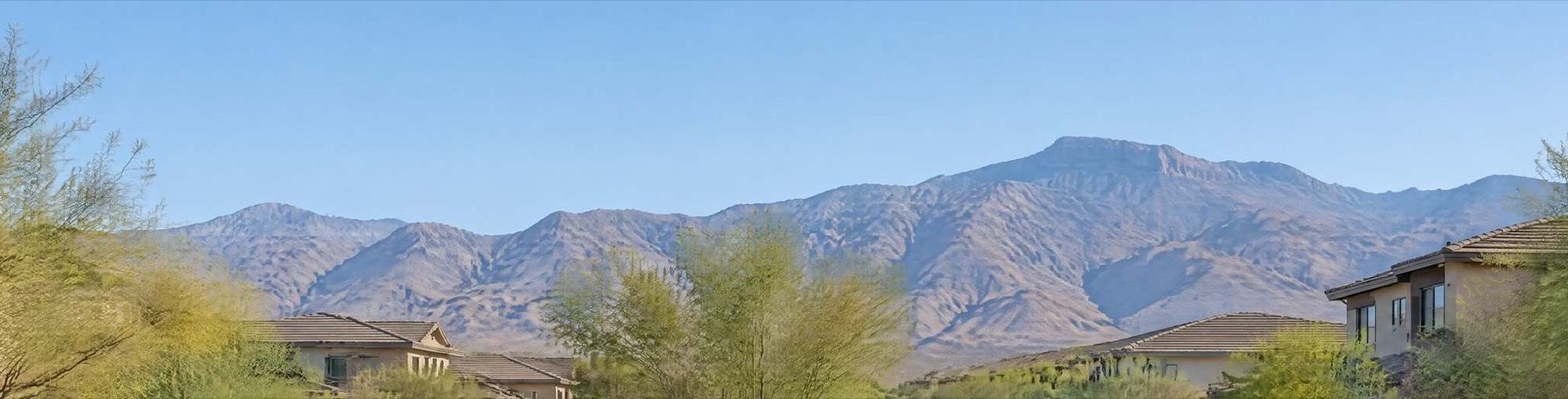 Illustration of grey desert mountains above newer rooftops.