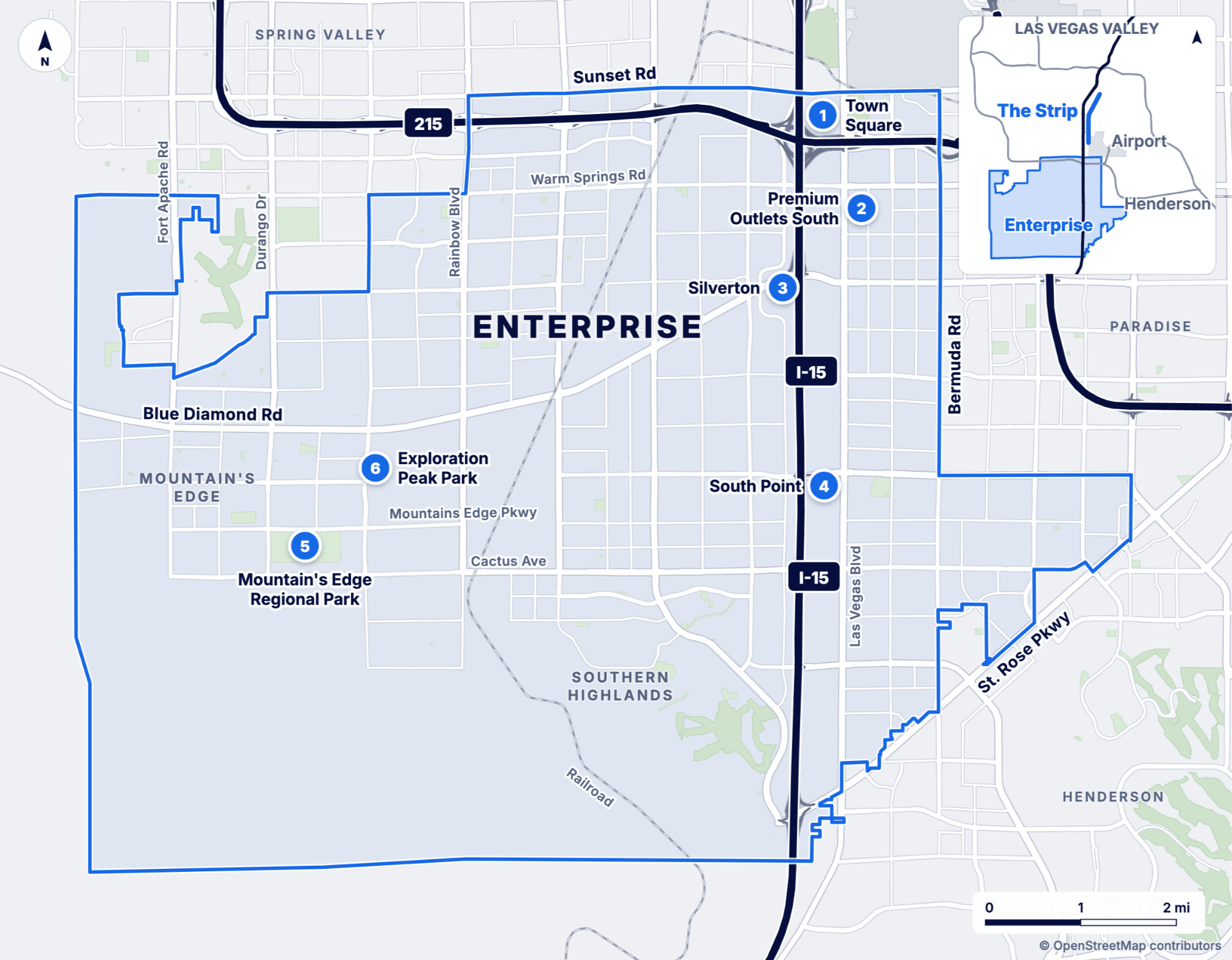 Map of Enterprise in southwest Las Vegas, with Sunset Rd on the north, Bermuda Rd on the east, St. Rose Pkwy on the southeast and I-15 through the east side. Six numbered pins, listed below.