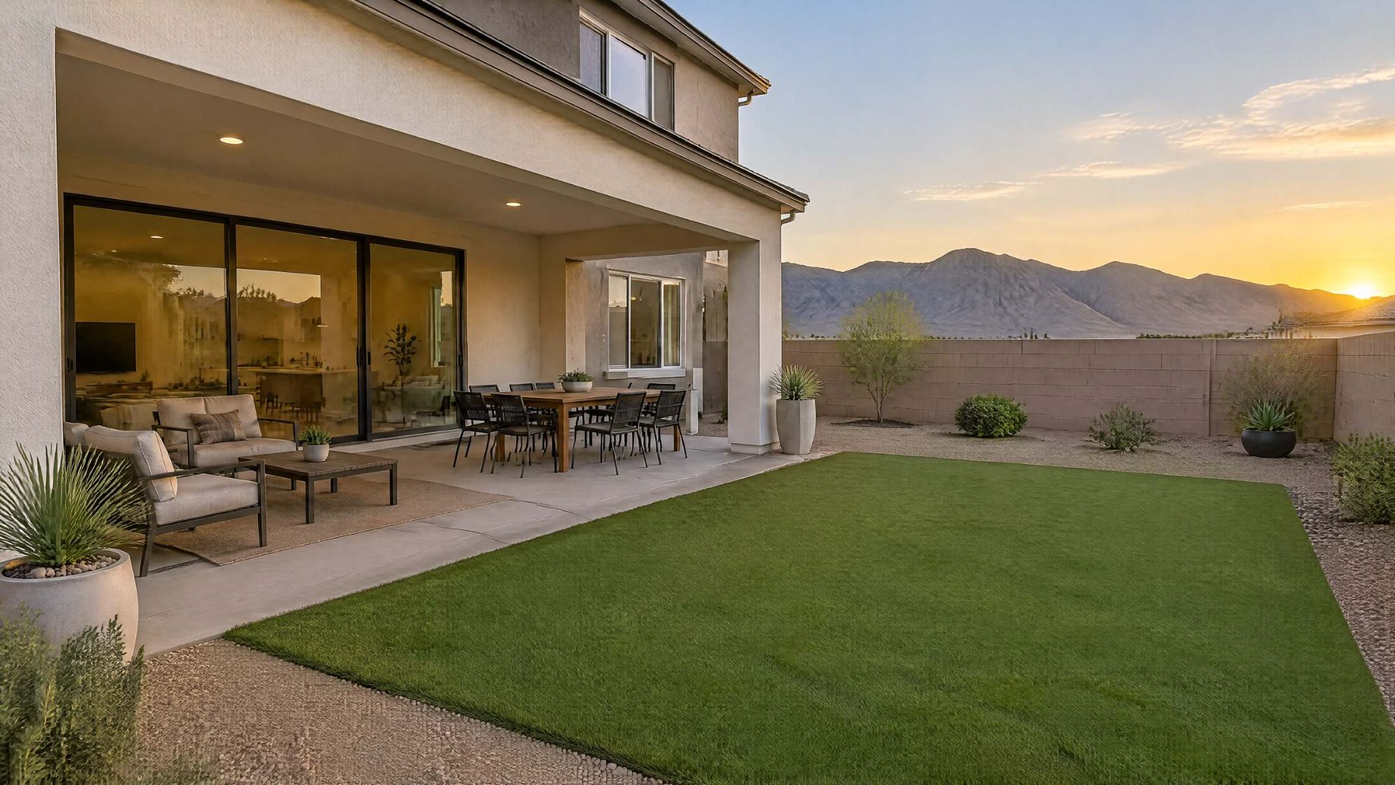 Illustration of a covered back patio and small yard at a newer two-story home at sunset.