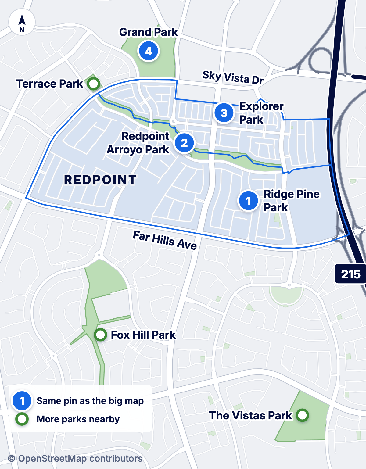 Map of parks in and next to Redpoint. Pins 1 to 3 mark Ridge Pine Park, Redpoint Arroyo Park along Redpoint Dr, and Explorer Park. Pin 4 marks Grand Park to the north. Terrace Park is to the northwest. Fox Hill Park and The Vistas Park are to the south, across Far Hills Ave.