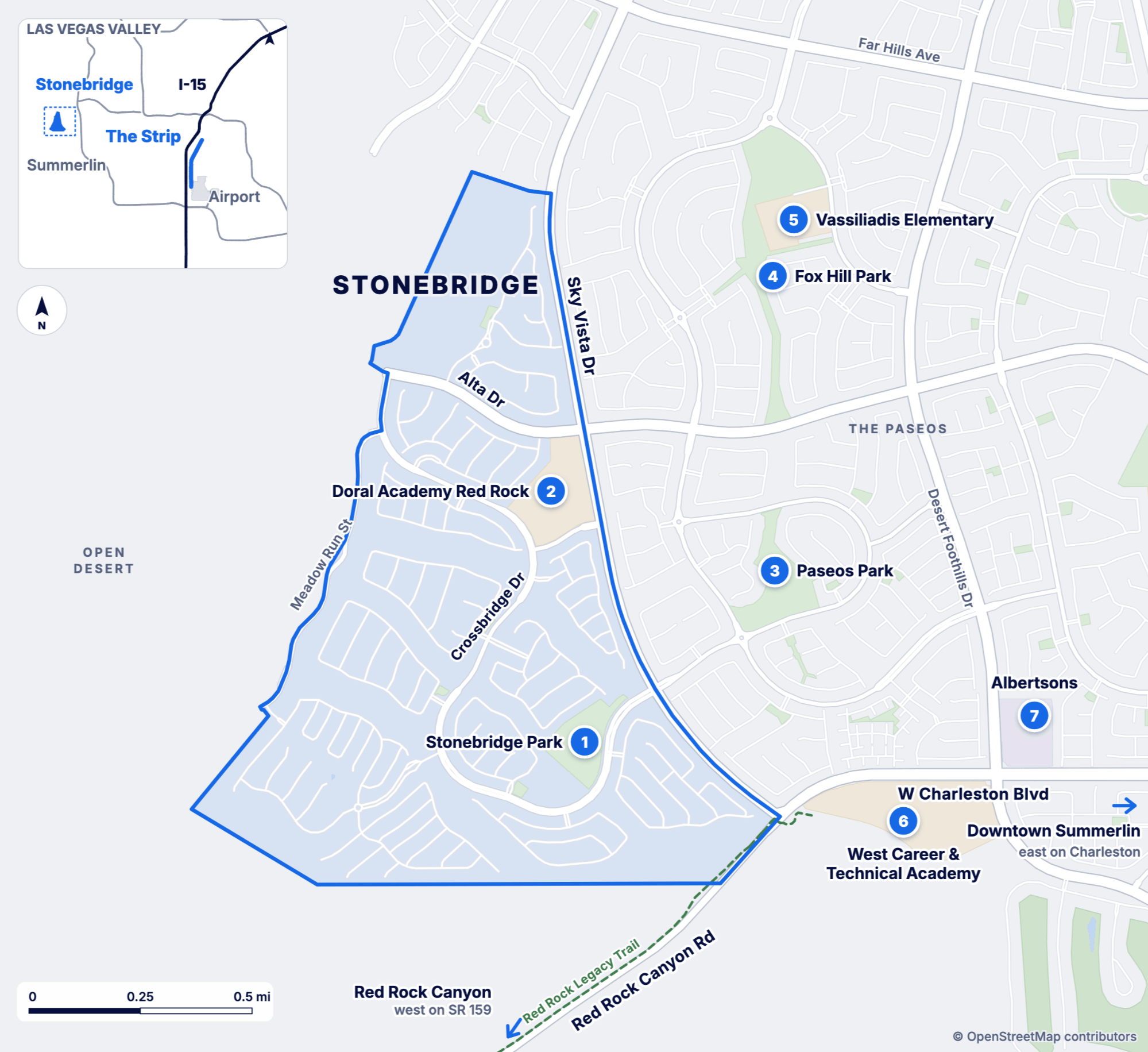 Map of Stonebridge on the west edge of Summerlin, with Sky Vista Dr on the east and Red Rock Canyon Rd at the southeast corner. Seven numbered pins, listed below.