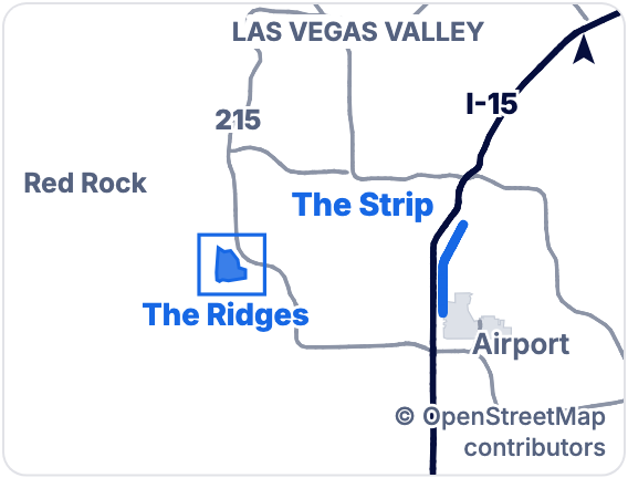 Small map of the Las Vegas valley. The Ridges sits on the far west side, west of the 215, the Strip and the airport.