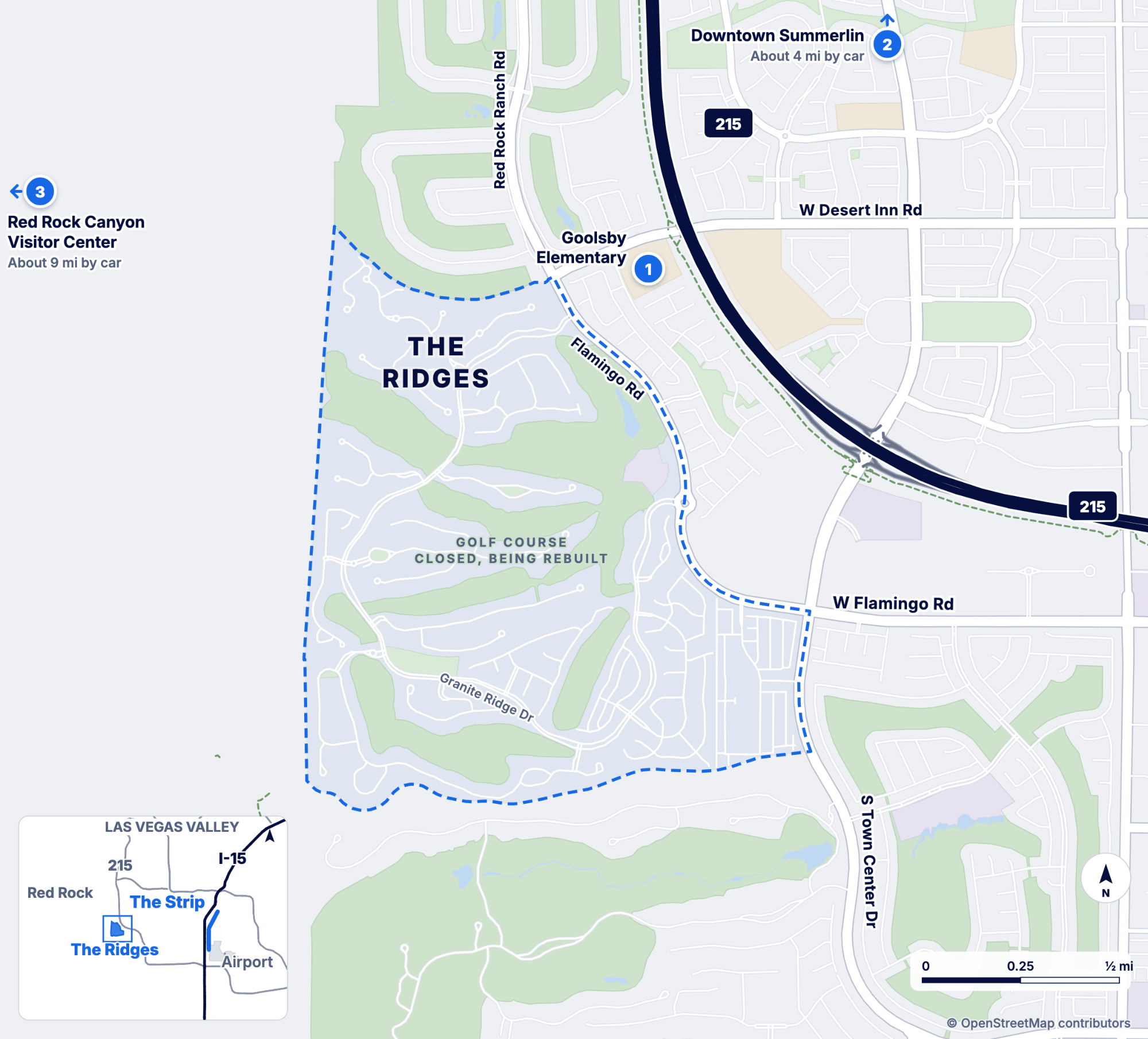 Map of The Ridges on the west side of Summerlin, with W Flamingo Rd and S Town Center Dr on the east and W Desert Inn Rd to the north. One numbered pin on the map and two off-map arrows, listed below.