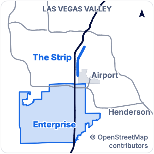 Small map of the Las Vegas valley. Enterprise sits south of the Strip and the airport, along I-15.