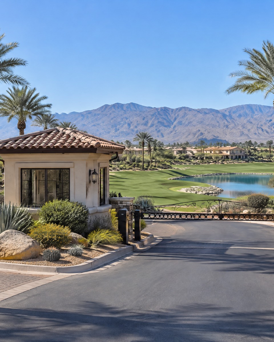 Illustration of a guard house and gate at the entrance to a golf neighborhood, with a lake and mountains behind.