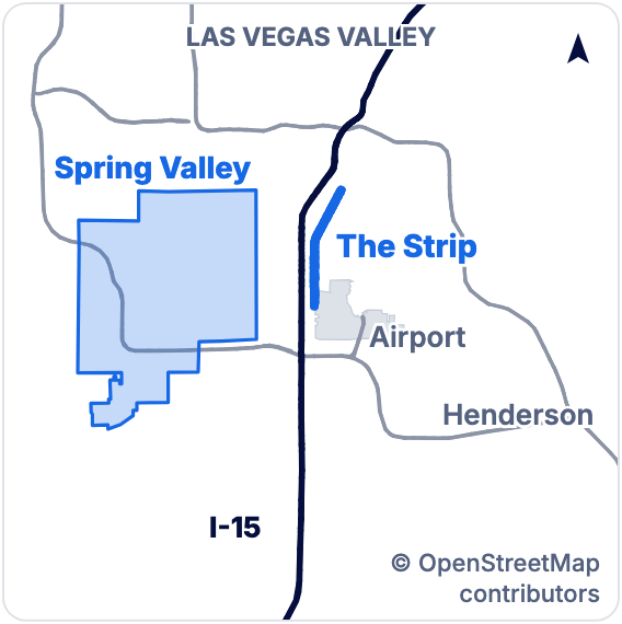 Small map of the Las Vegas valley. Spring Valley sits west of the Strip and the airport, with I-15 between them.
