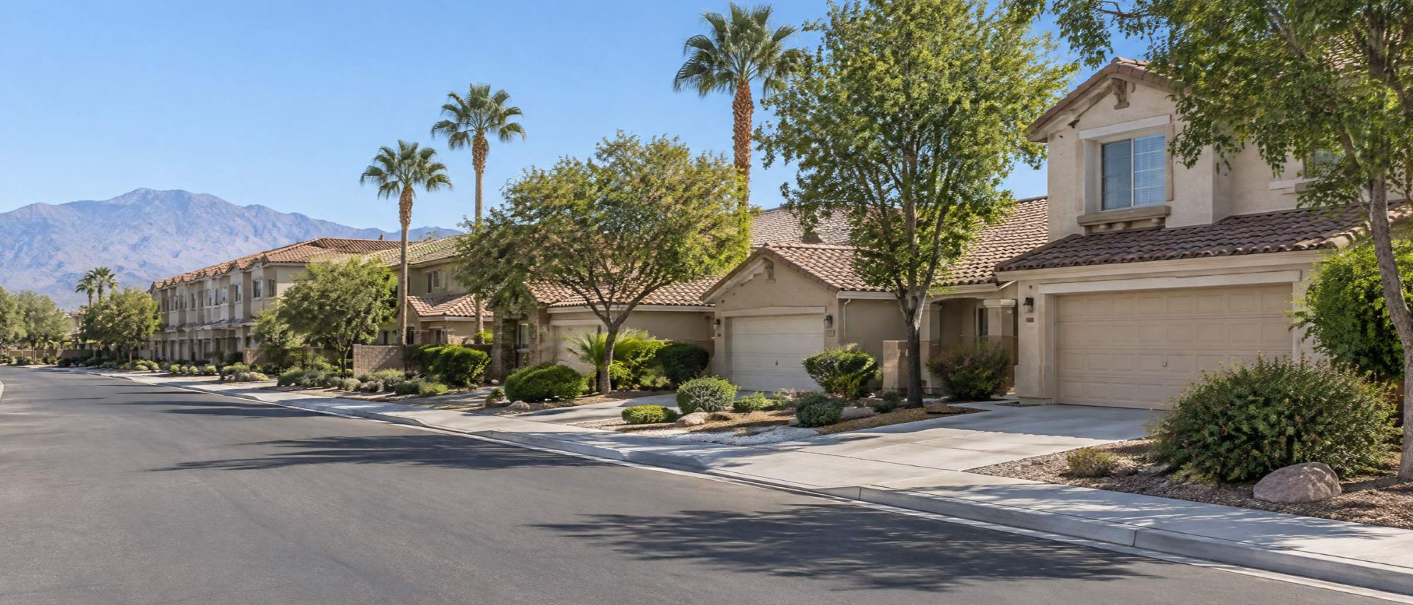 Illustration of a desert street of stucco homes and townhomes with tile roofs.