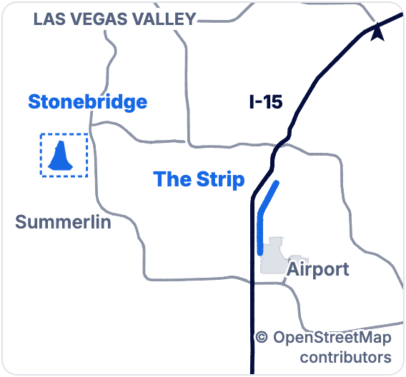 Small map of the Las Vegas valley. The map area sits on the far west edge, west of the 215 and northwest of the Strip.
