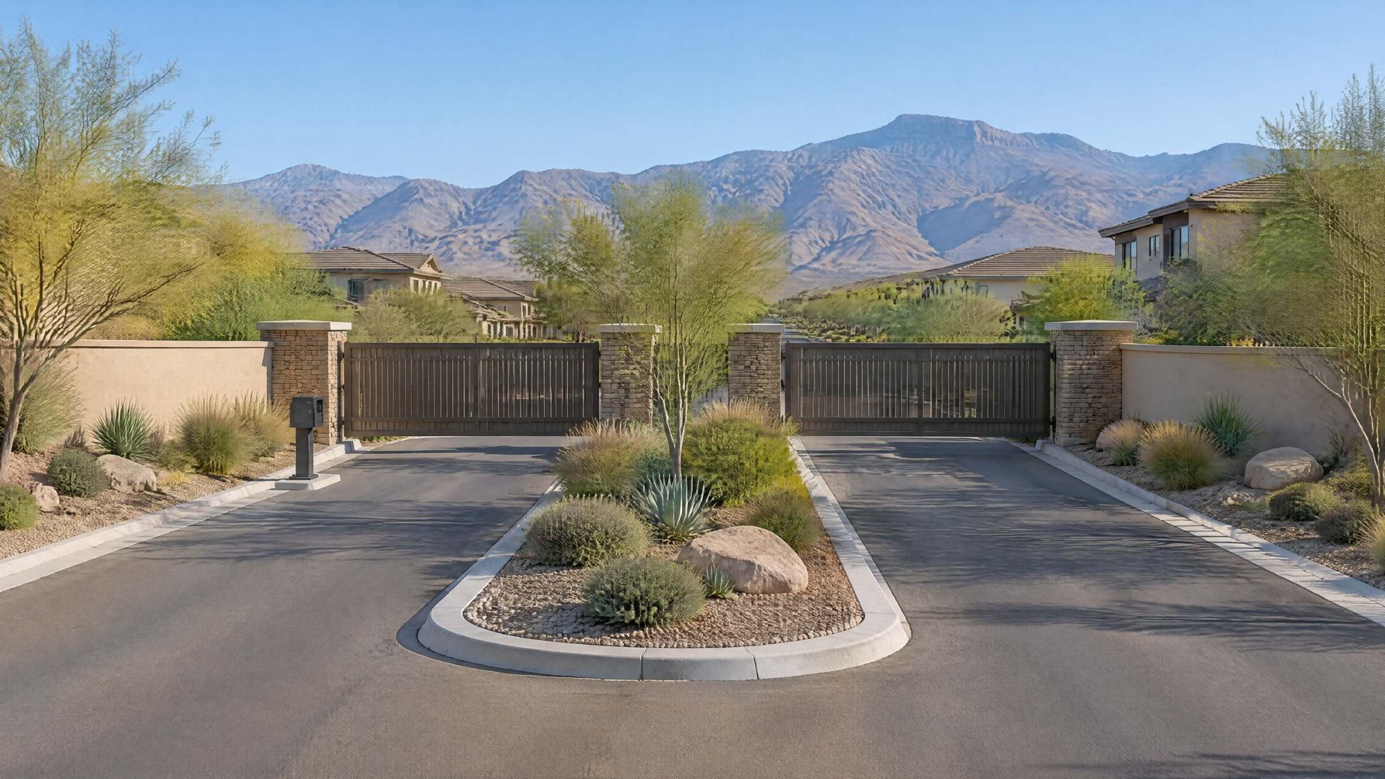 Illustration of a gated neighborhood entry with stone pillars and a call box.