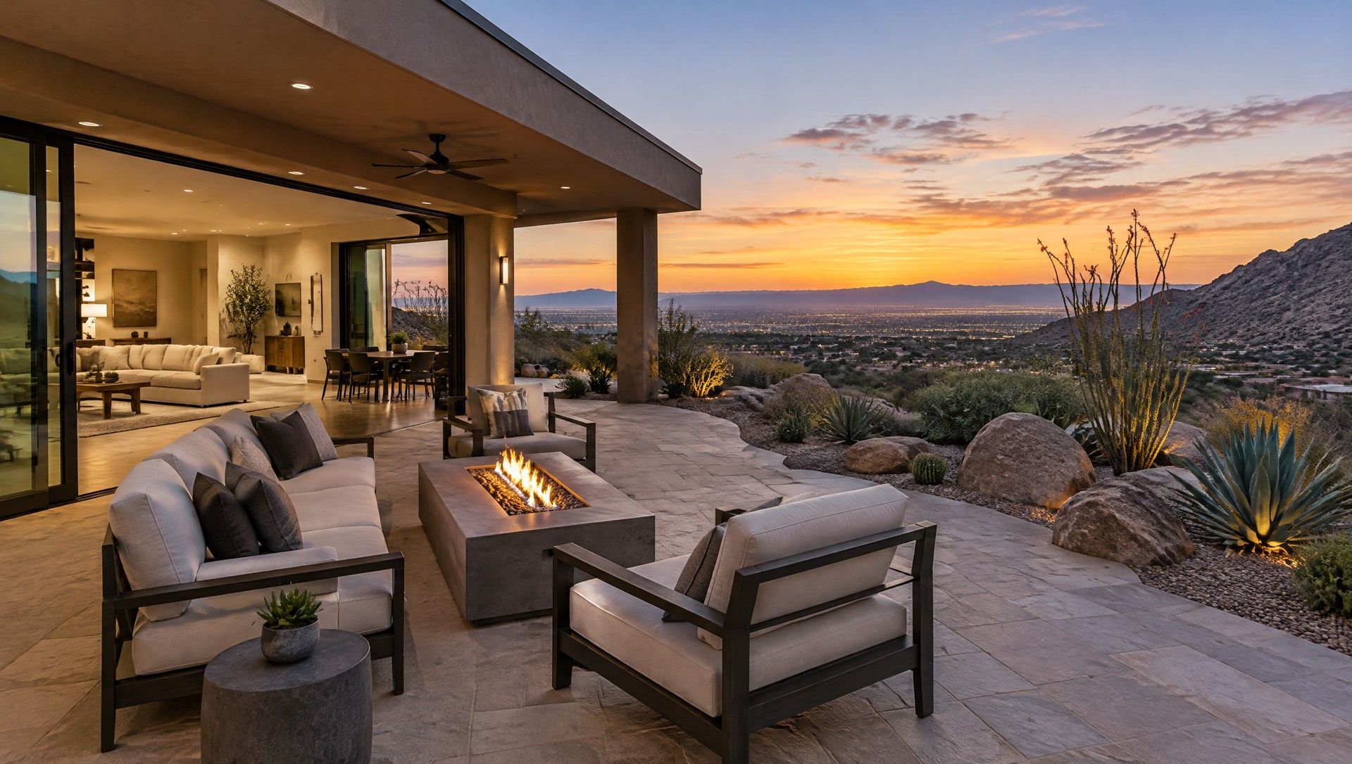 Illustration of a modern desert home patio with a fire table and a valley view at sunset.