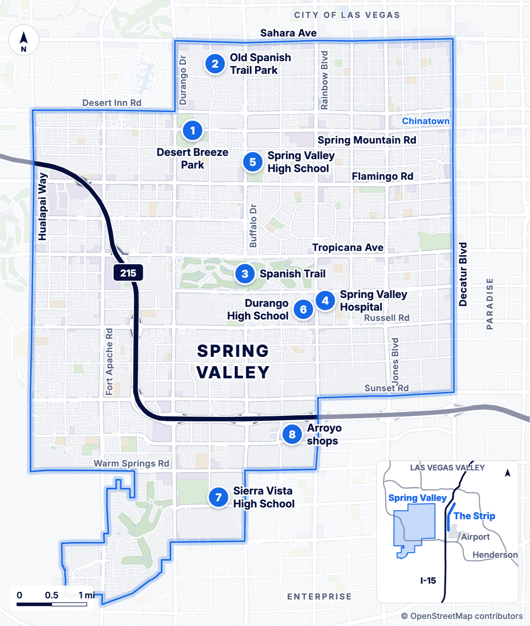 Map of Spring Valley in the southwest Las Vegas valley, with Sahara Ave on the north, Decatur Blvd on the east, Hualapai Way on the west and the 215 Beltway on the southwest side. Eight numbered pins, listed below.