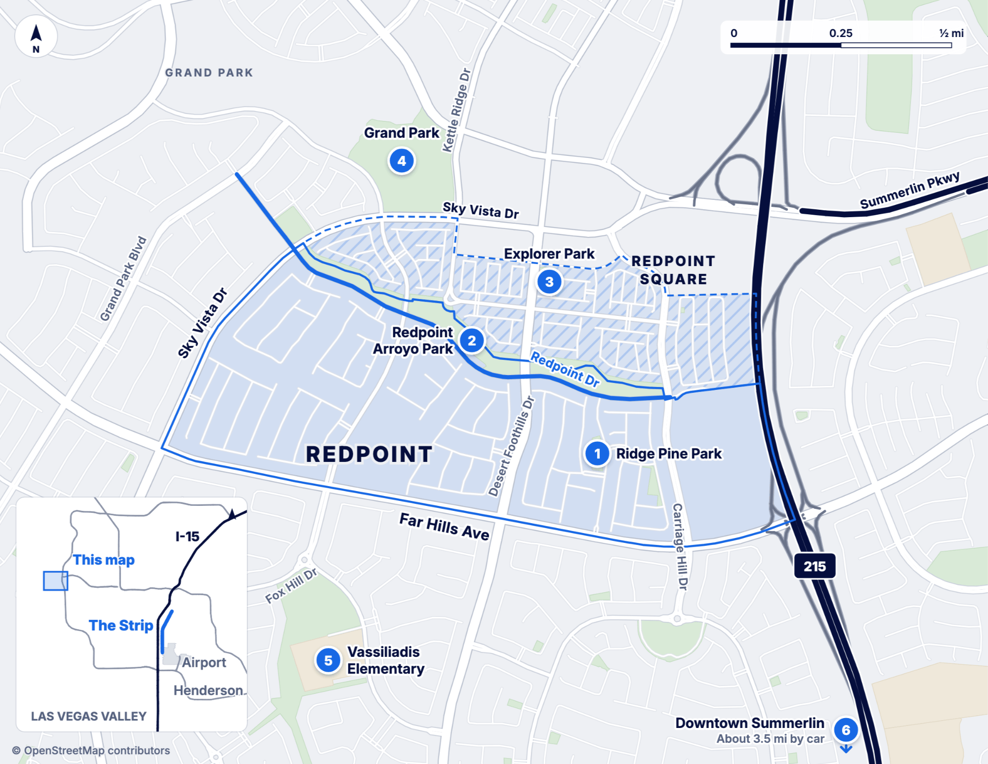 Map of Redpoint in Summerlin West, with the 215 Beltway on the east, Far Hills Ave on the south and Sky Vista Dr on the west and north. Six numbered pins, listed below.