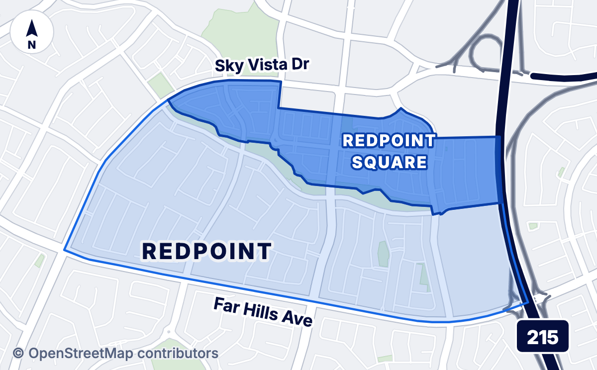 Map of Redpoint Square, shaded dark blue. It is the strip along the north side, south of Sky Vista Dr, running east to the 215 Beltway. Redpoint, shaded light blue, is the larger part to the south and west, up to Far Hills Ave.