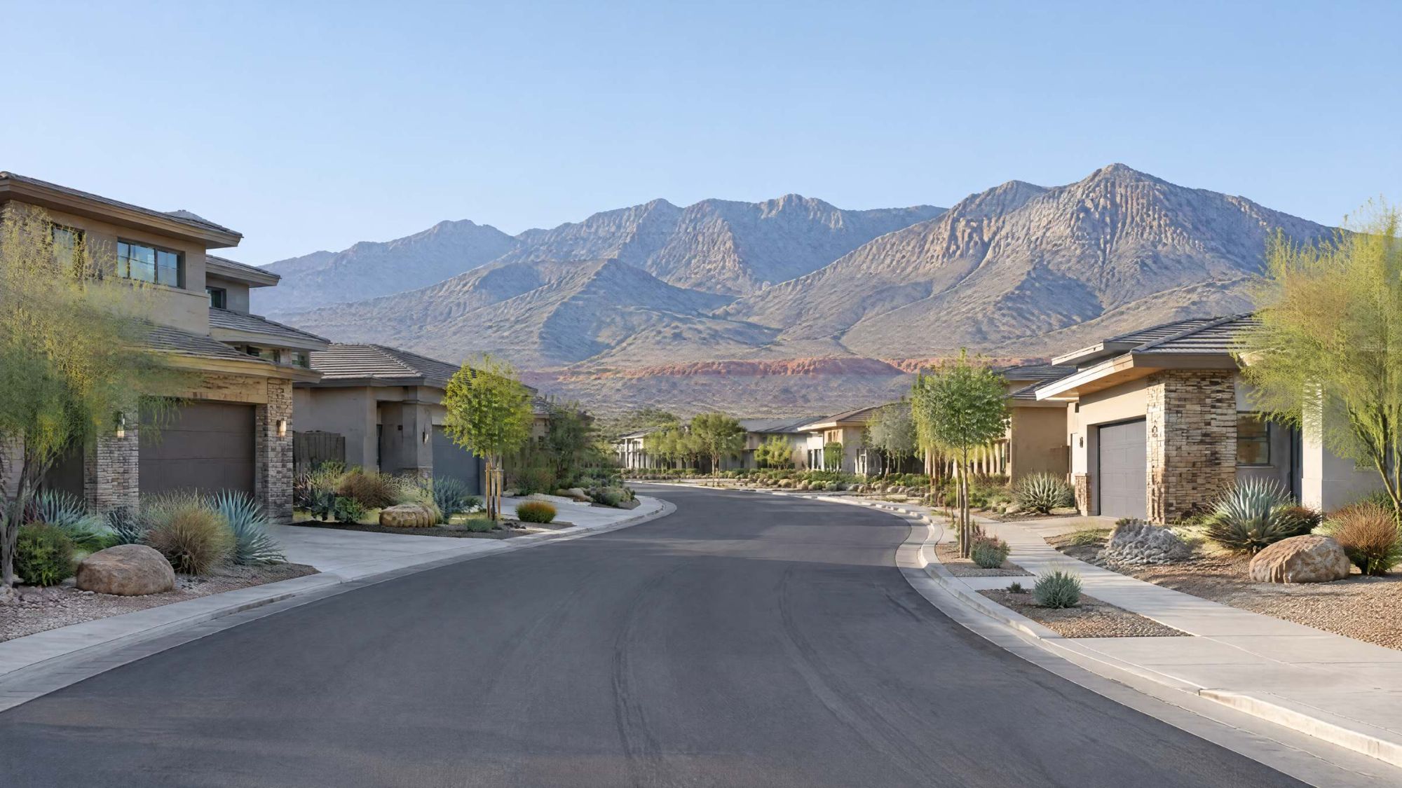 Illustration of a street of newer desert homes with mountains to the west.