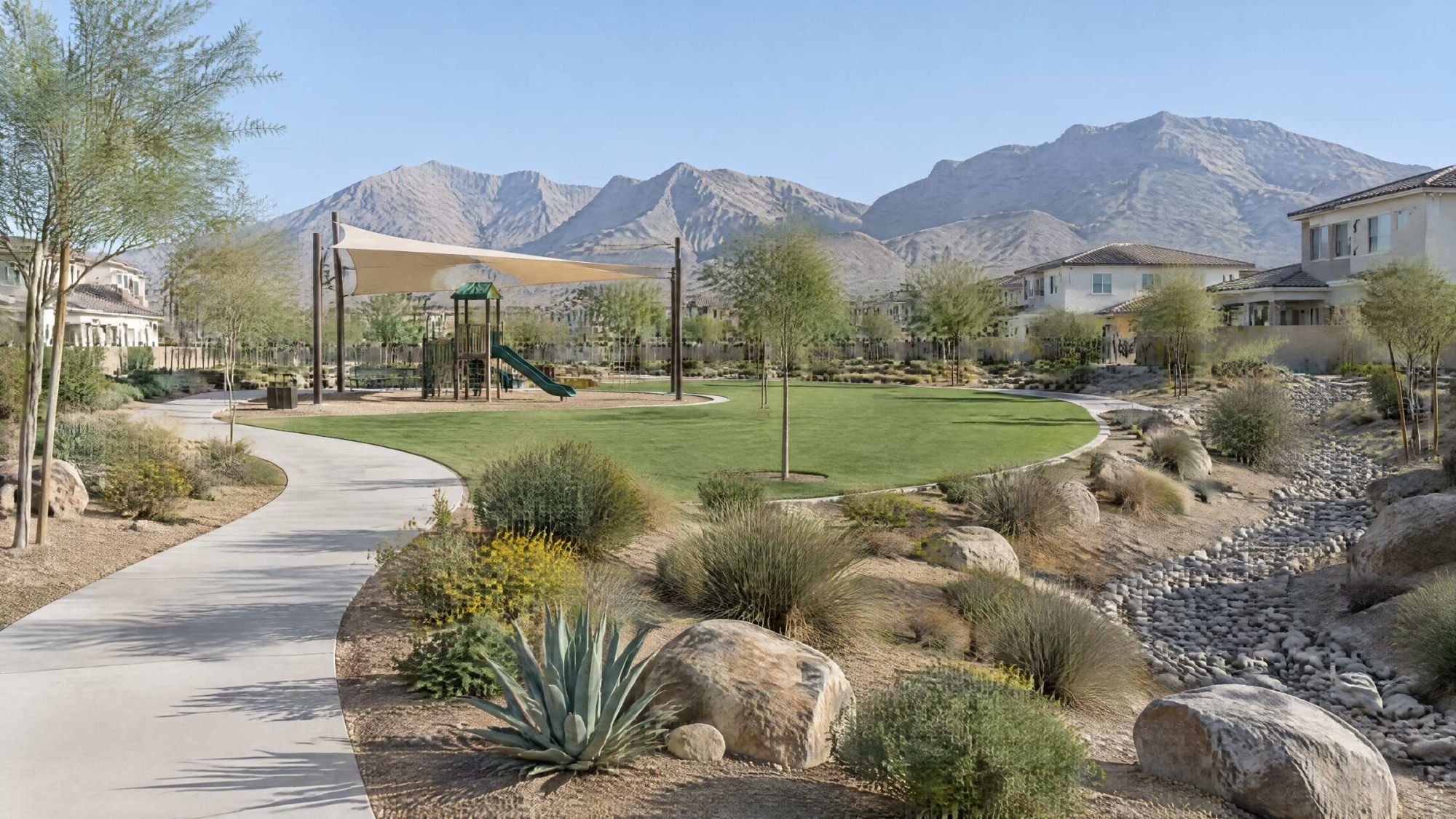 Illustration of a small desert neighborhood park with a shaded playground and a rock-lined wash.