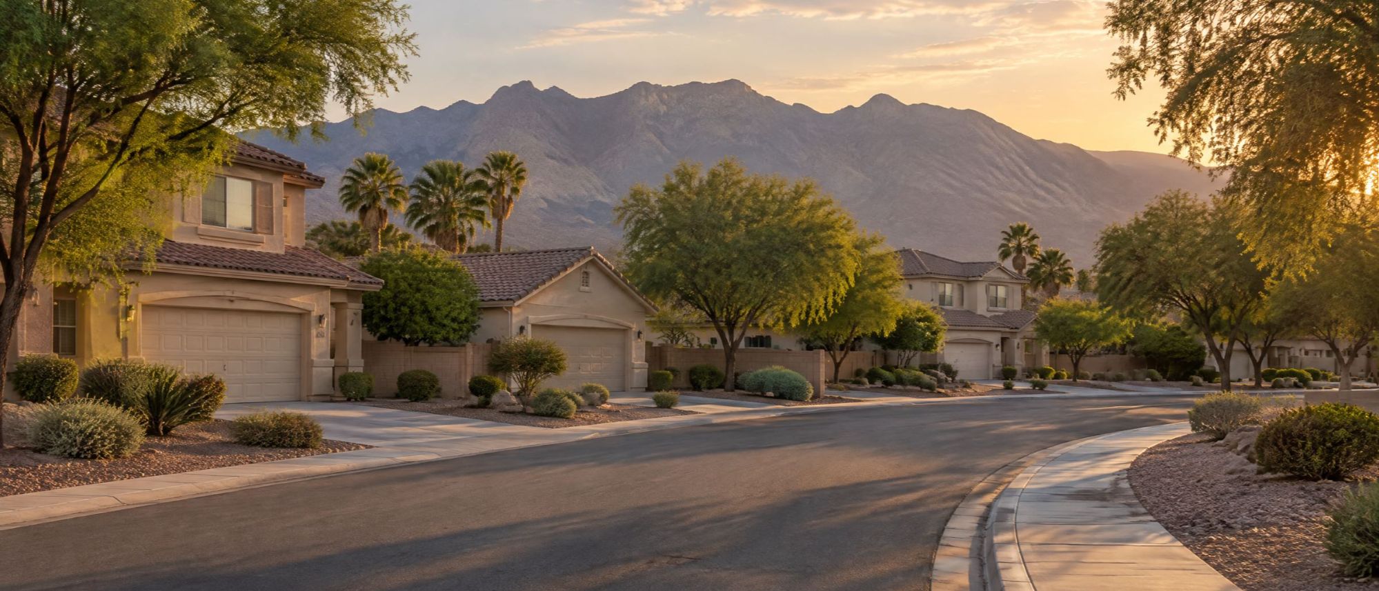 Illustration of a quiet street of stucco homes with tile roofs and shade trees at sunset.