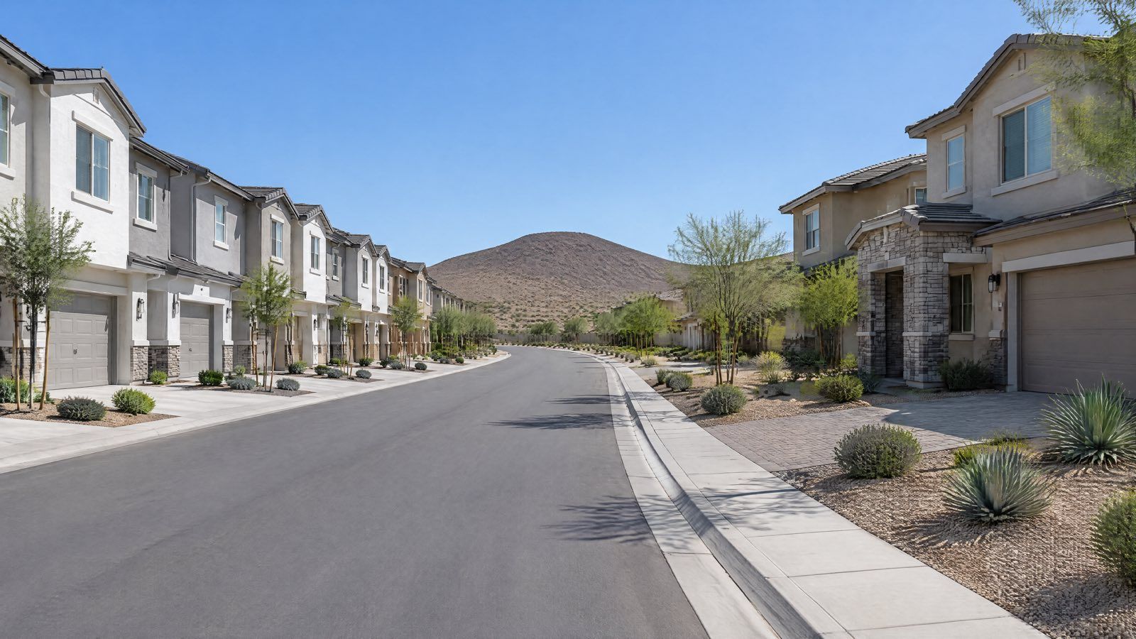 Illustration of townhomes and two-story houses on a street with a rounded brown hill ahead.