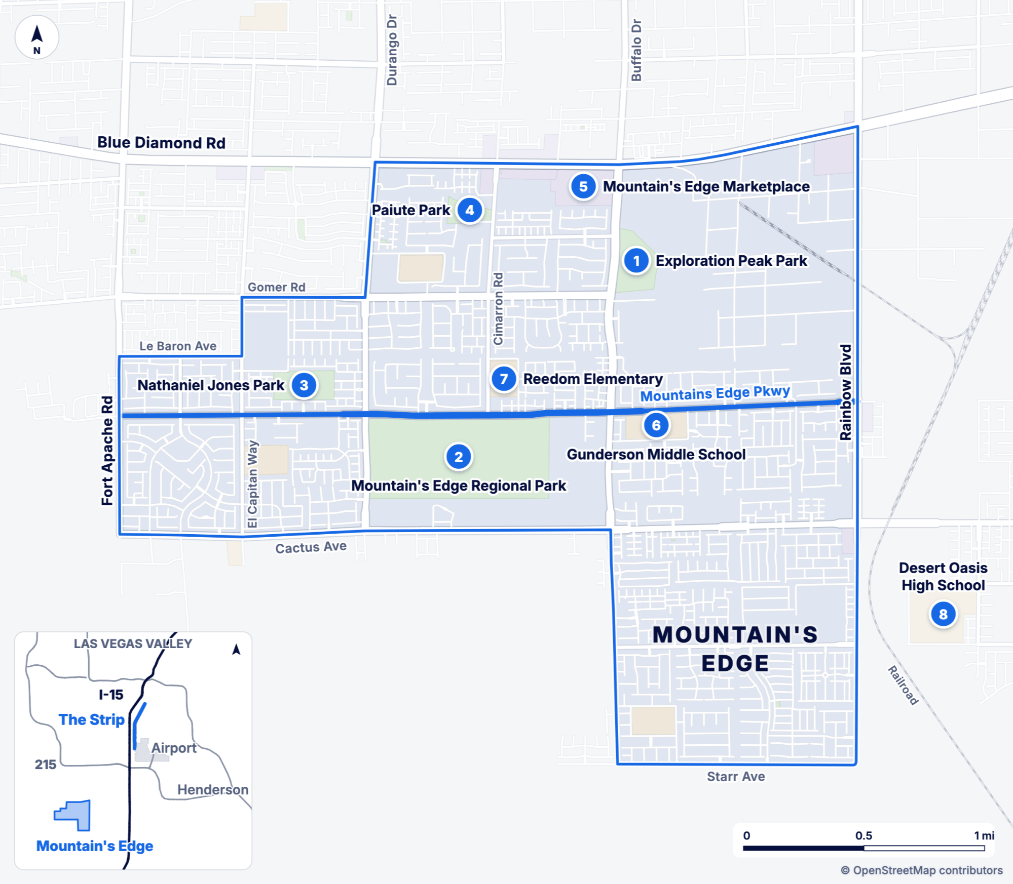 Map of Mountain's Edge in the southwest Las Vegas valley, with Blue Diamond Rd on the north, Rainbow Blvd on the east, Starr Ave and Cactus Ave on the south and Fort Apache Rd on the west. Mountains Edge Pkwy runs through the middle. Eight numbered pins, listed below.