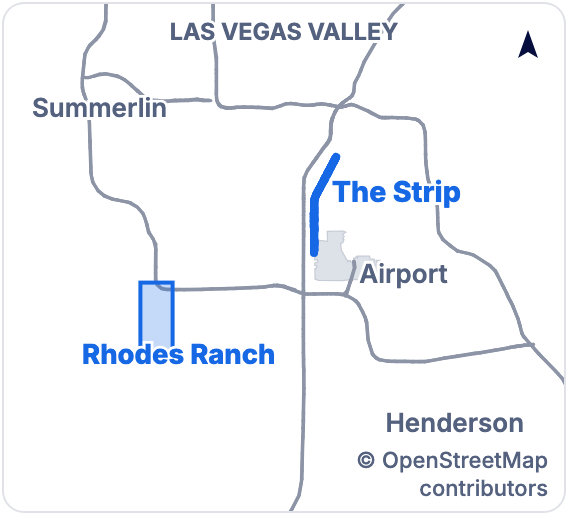 Small map of the Las Vegas valley. Rhodes Ranch sits southwest of the Strip and the airport, just south of the 215.