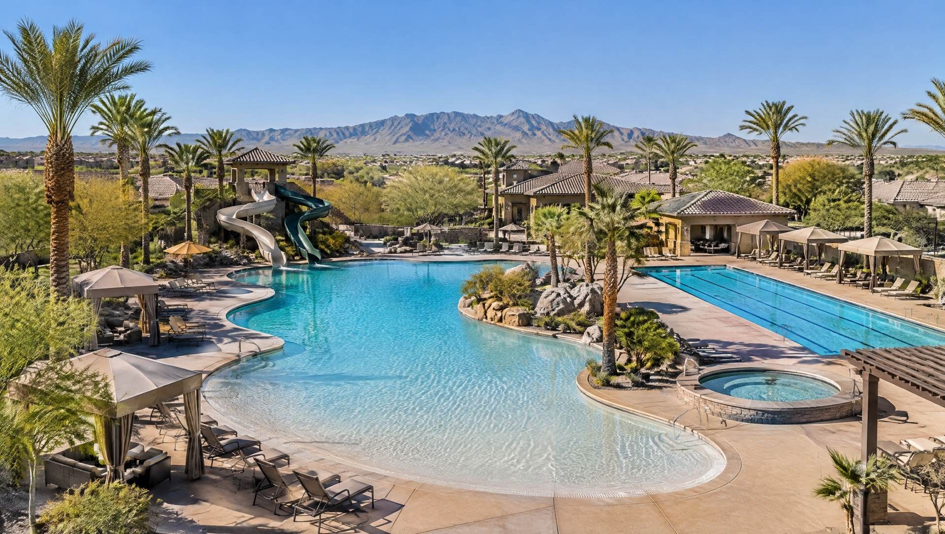 Illustration of a resort-style community pool with water slides, a lap pool and shade cabanas.