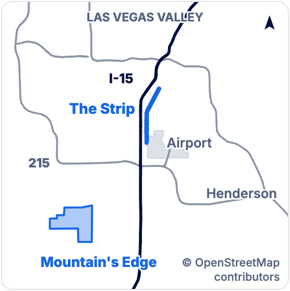 Small map of the Las Vegas valley. Mountain's Edge sits southwest of the Strip and the airport, west of I-15.