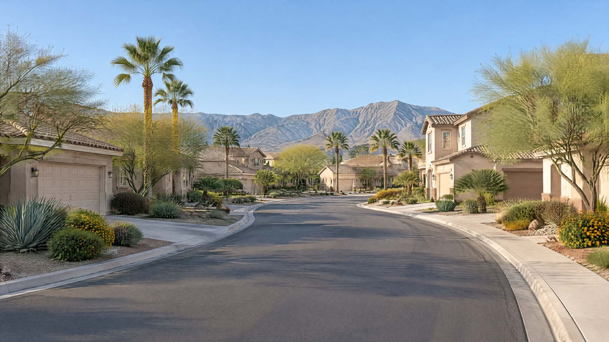 Illustration of a street of one and two-story stucco homes with tile roofs and mountains to the west.
