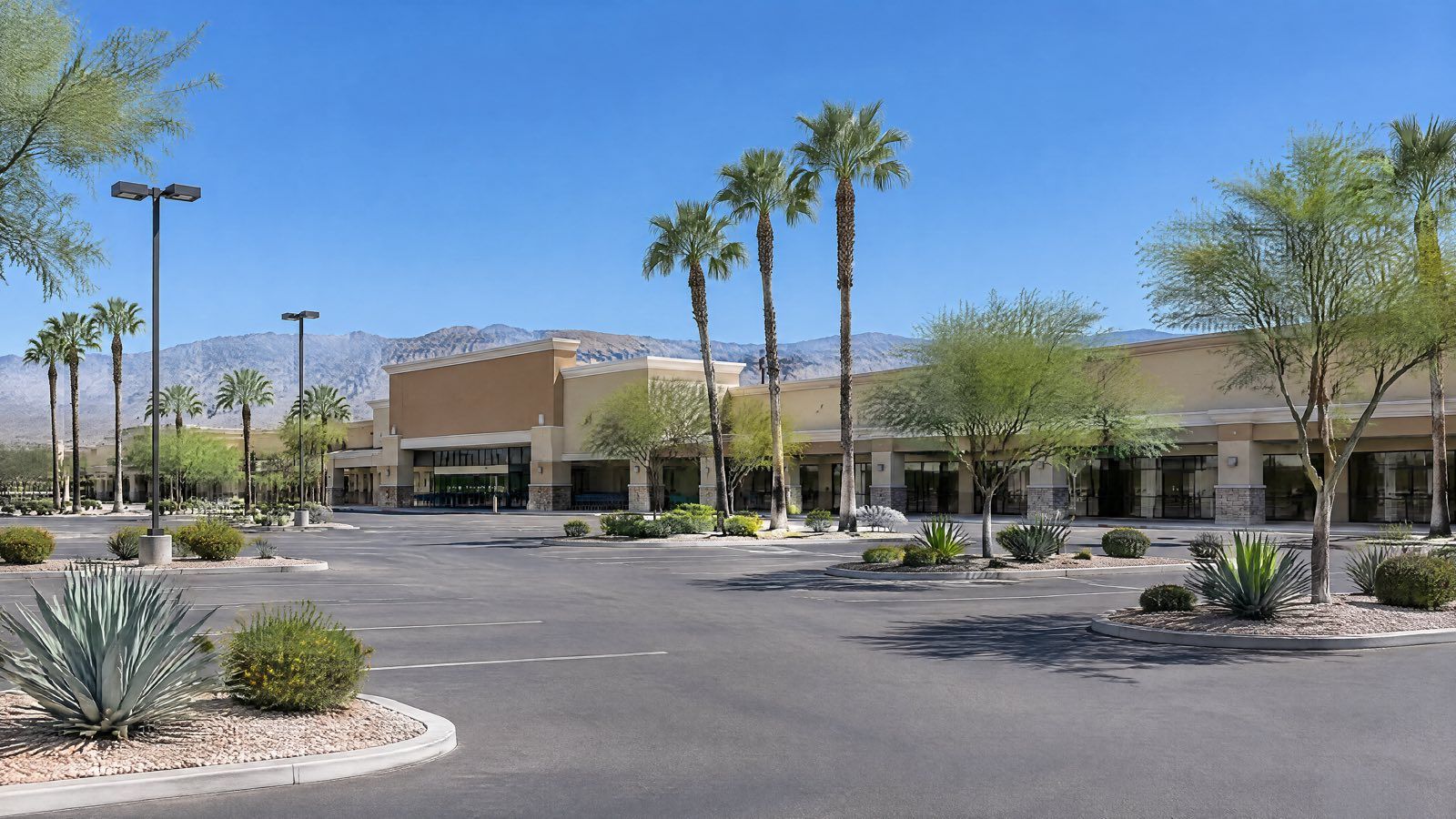 Illustration of a desert shopping center with palm trees and a parking lot.