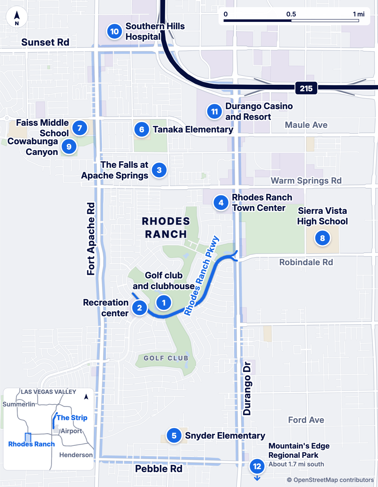 Map of Rhodes Ranch in the southwest Las Vegas valley, with Fort Apache Rd on the west, Durango Dr on the east, Pebble Rd on the south and Sunset Rd and the 215 on the north. Twelve numbered pins, listed below.