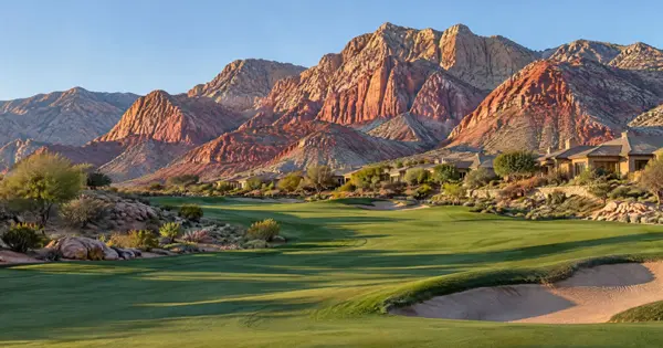 Desert golf fairway lined with stucco homes and Red Rock Canyon cliffs at Red Rock Country Club, Las Vegas