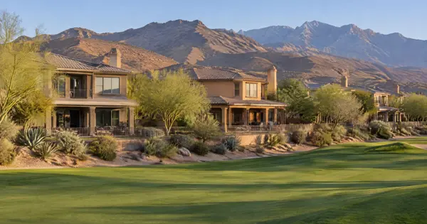 Two-story stucco homes backing to a golf fairway with desert mountains behind in The Palisades, Summerlin