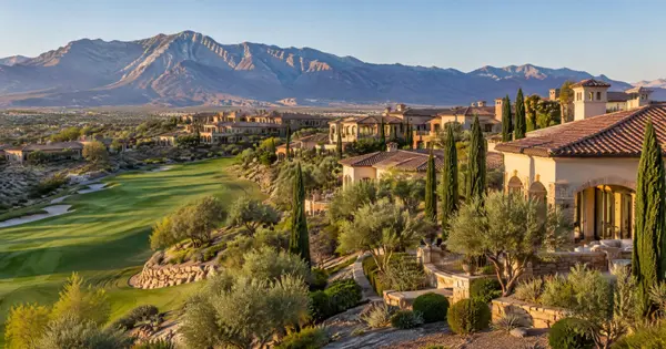 Tuscan-style stucco homes above a golf fairway with the Spring Mountains behind in Southern Highlands, Las Vegas