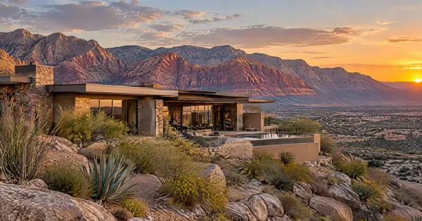 Desert contemporary custom home on a foothill lot with Red Rock Canyon cliffs behind in The Ridges, Summerlin