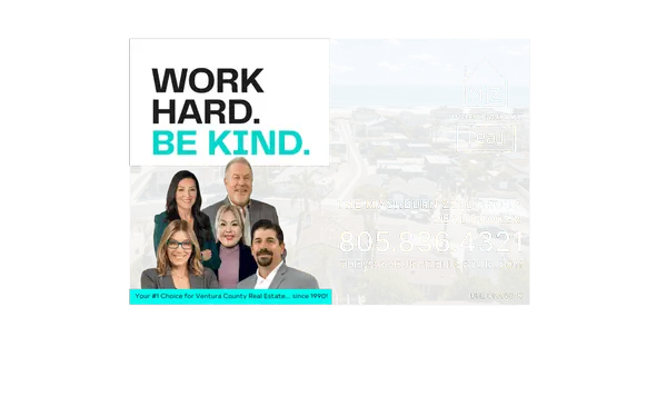 Aerial coastal neighborhood with team portraits and real estate contact text