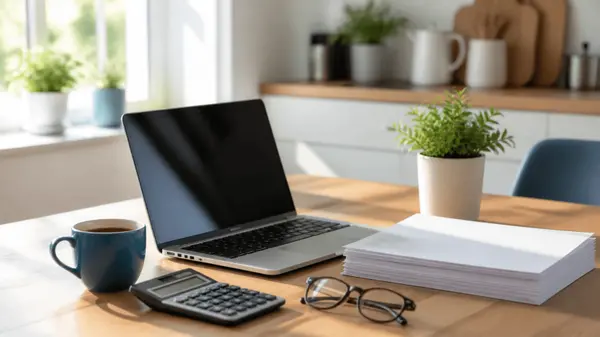Laptop, calculator and paperwork on a bright kitchen table