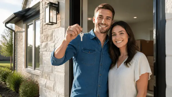 A young couple holding the key to their new Central Texas home