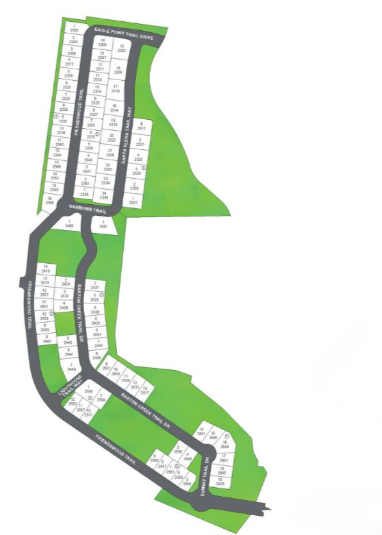 Map of a planned residential area with streets and lots.
