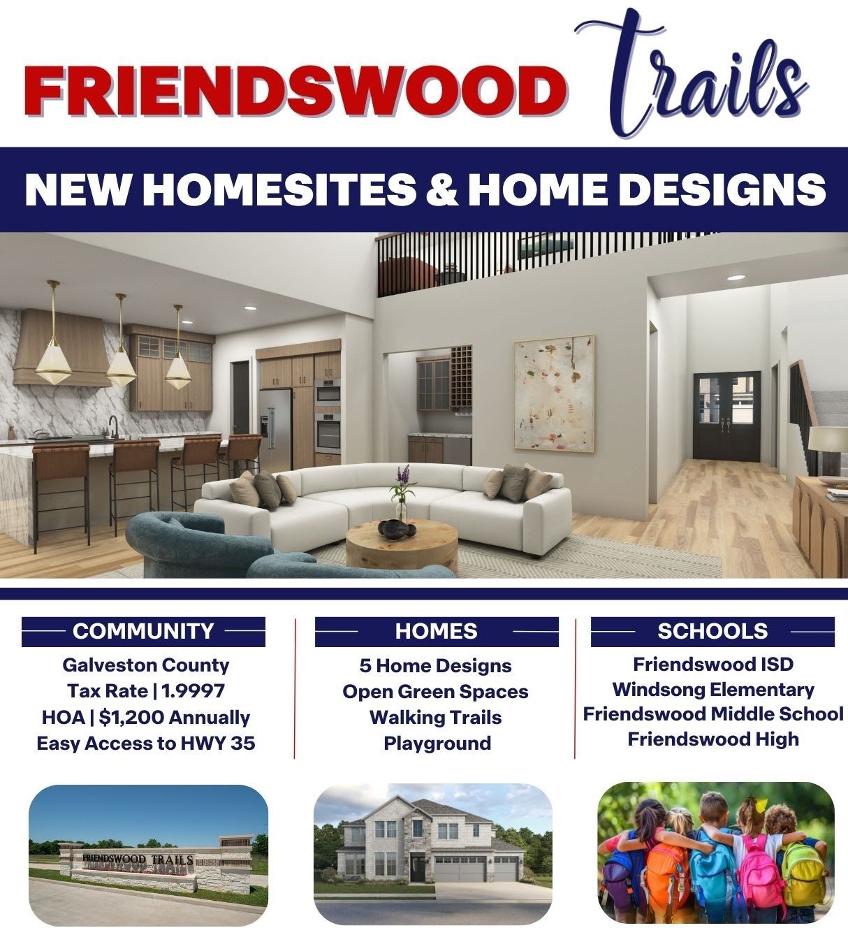 Promotional flyer for new homes at Friendswood Trails communit