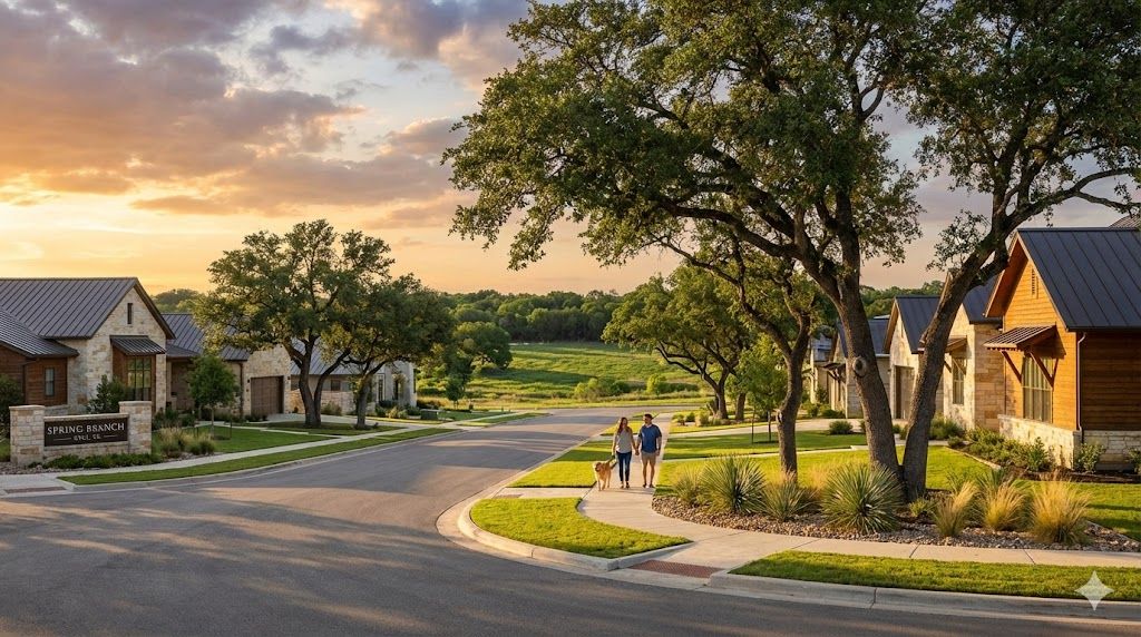Couple walking through Spring Branch in Kyle TX at sunset — explore Spring Branch homes for sale