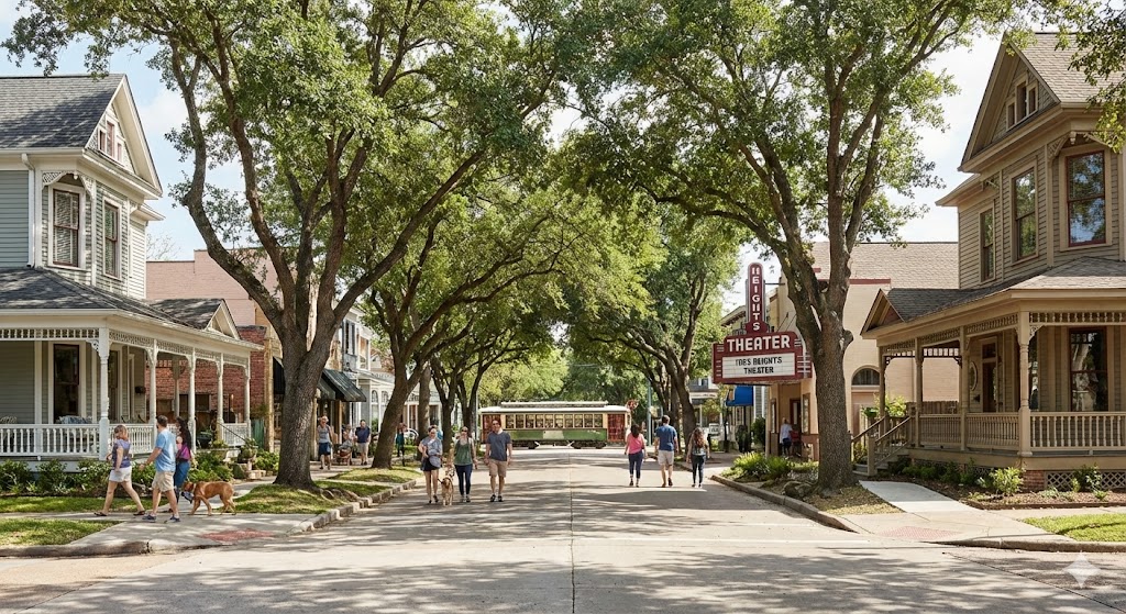 A sun-drenched, tree-lined street scene in the historic Greater Heights neighborhood of Houston, Texas. Pedestrians stroll along sidewalks past Victorian-era homes under a canopy of mature oak trees. The iconic Heights Theater marquee sign and a vintage streetcar are visible in the background.