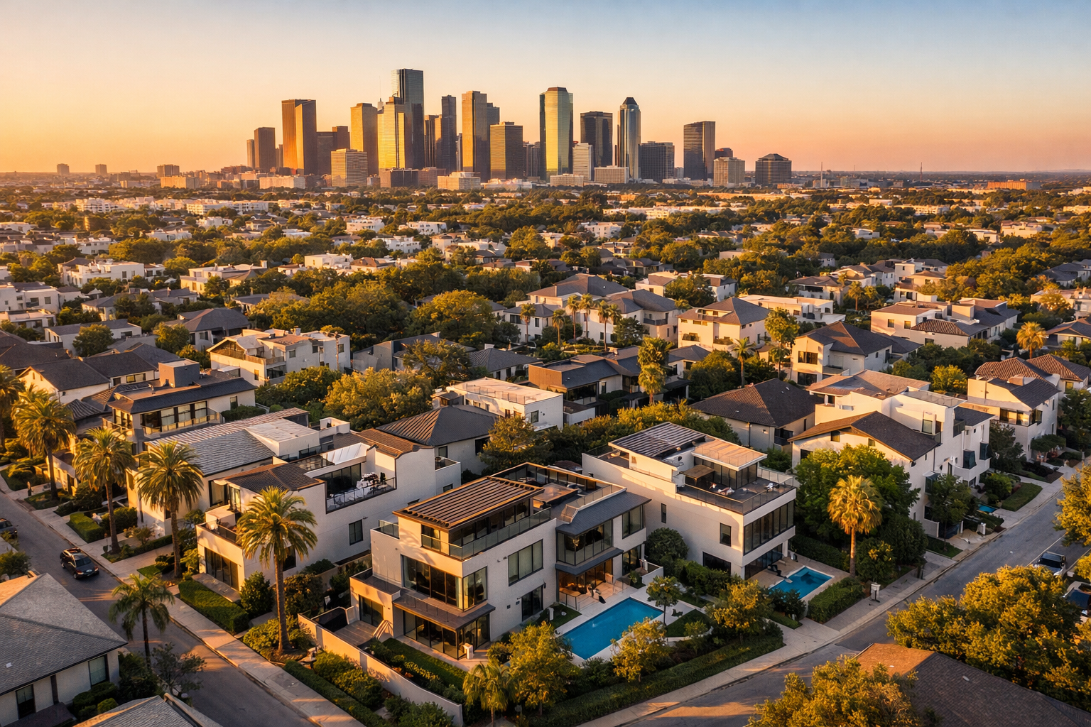 Aerial view of contemporary homes in Washington Heights South, Houston TX with downtown skyline at golden hour