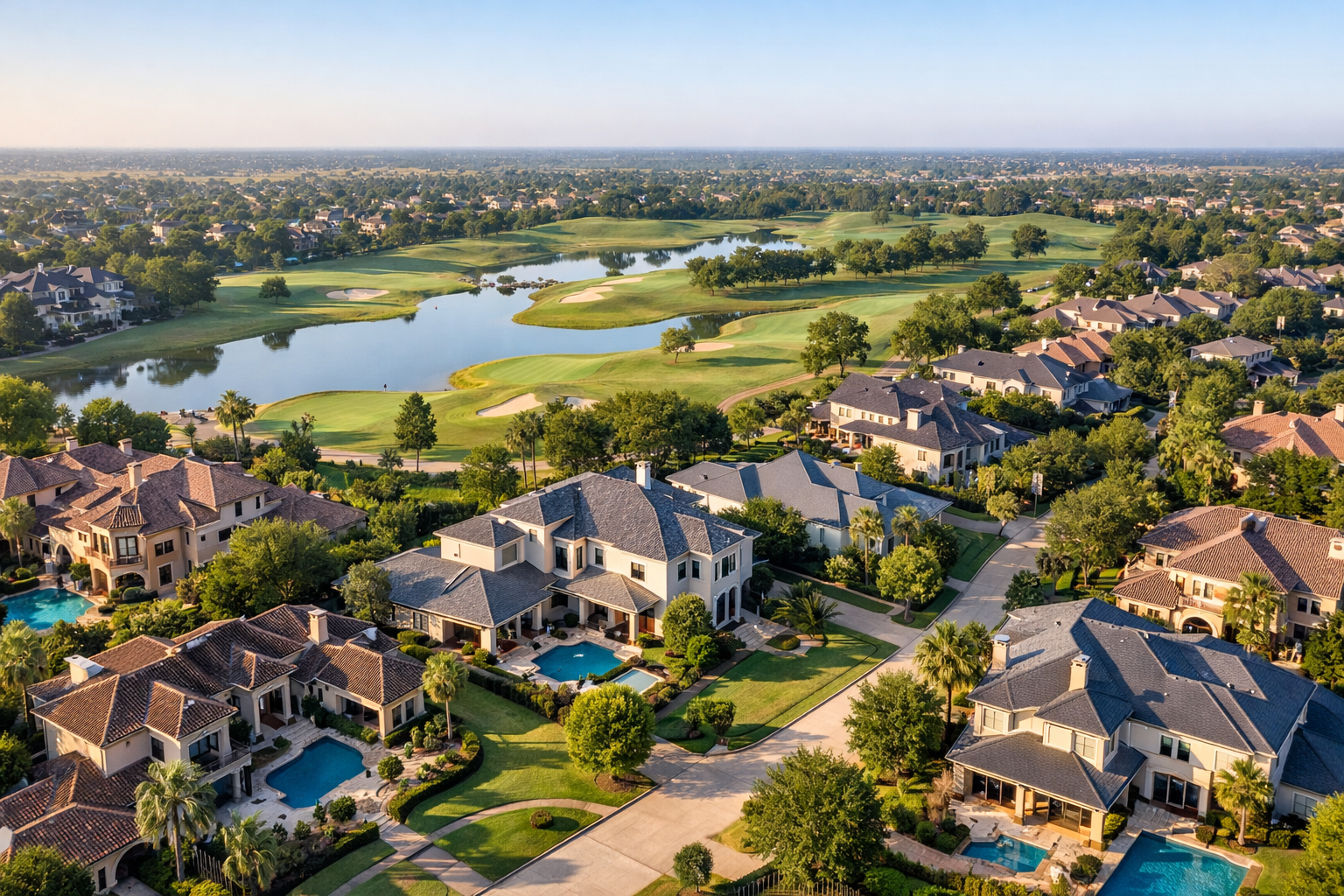 Aerial view of luxury homes for sale in Cinco Ranch West, TX, Katy, featuring golf course views and landscaped streets