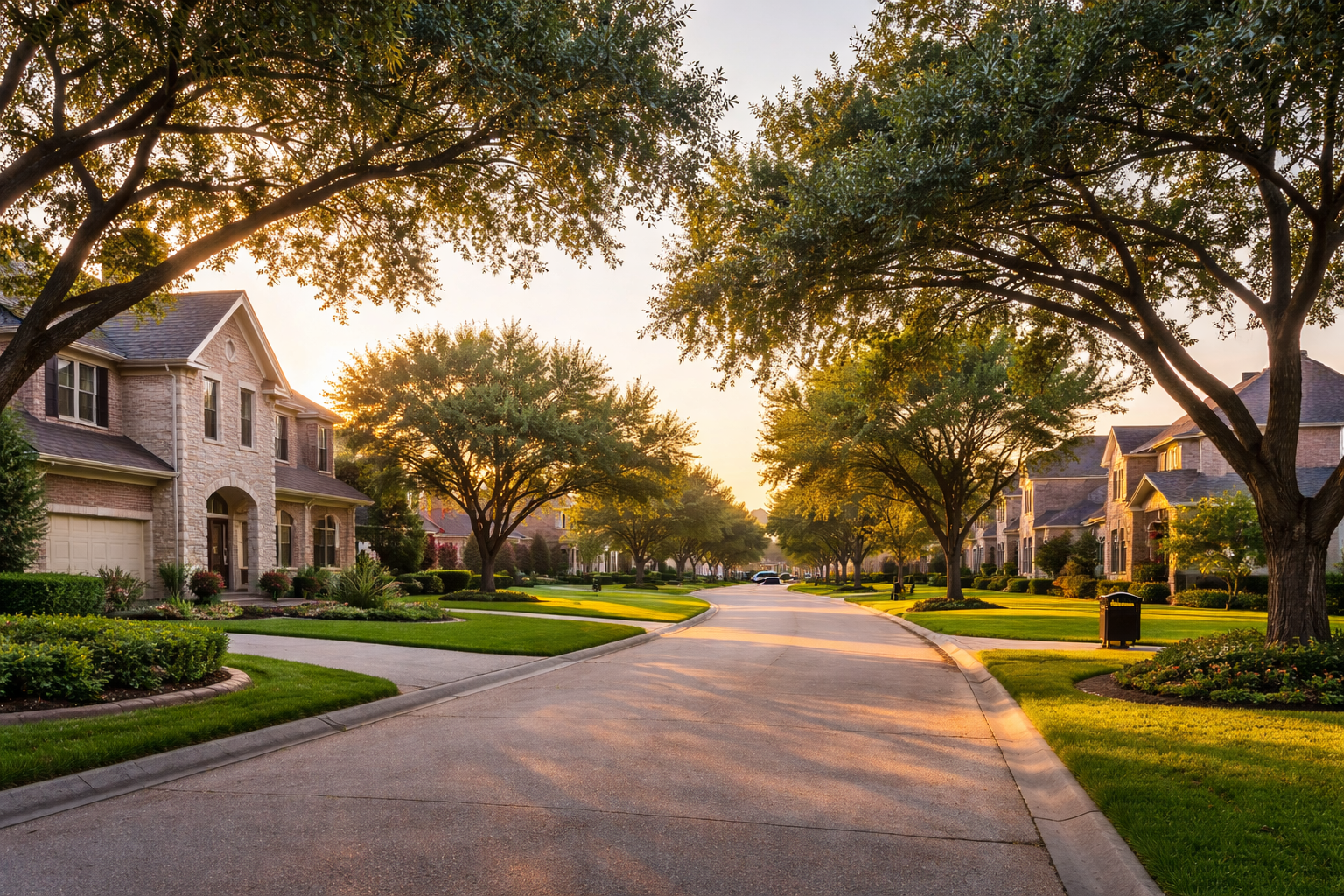 Sunset street view of homes for sale in Cinco Ranch Northwest, TX, Katy—classic suburban real estate.